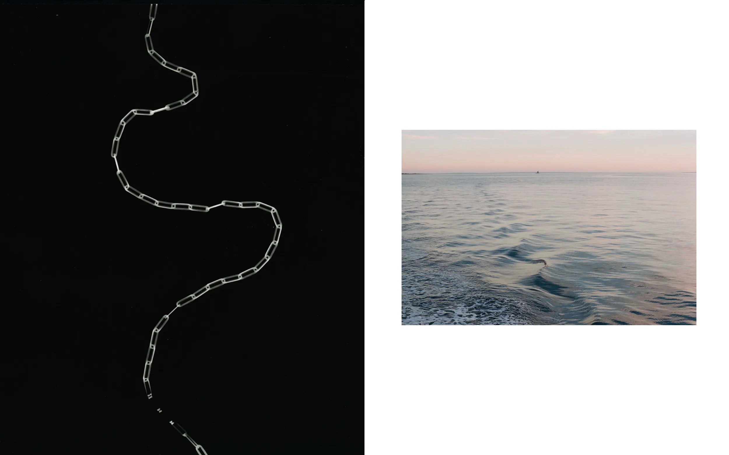 Cropped ocean view of waves alongside a snaking trail of paper clips attached to one another. 